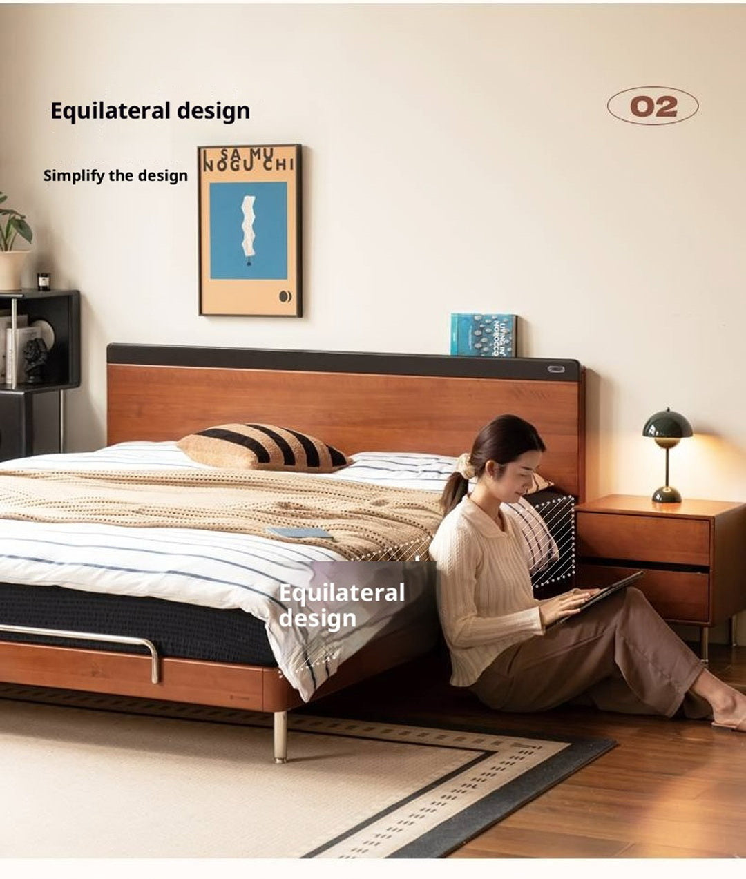 Poplar Solid Wood Mid-Century Modern Platform Bed with Flat Panel Headboard