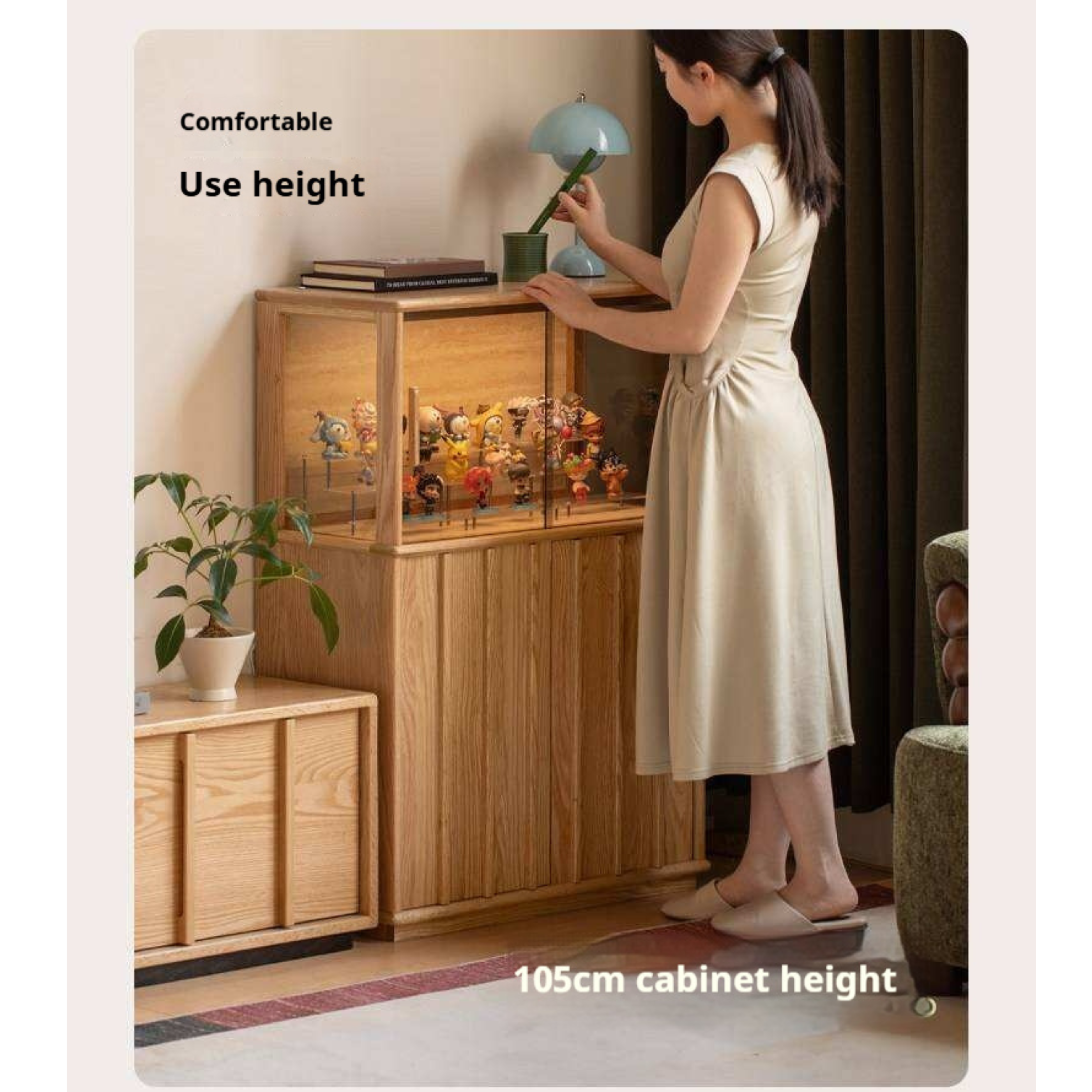 Oak Solid Wood Lighted Display Cabinet with Glass Door and Fluted Wood Panels