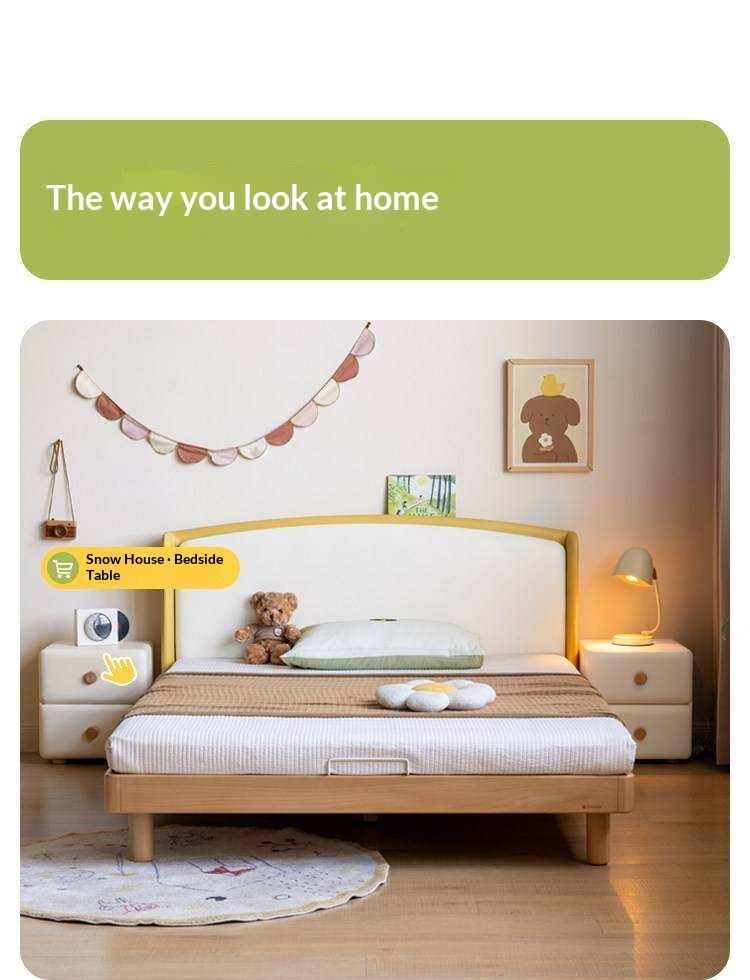 Beech Solid Wood Kids Upholstered Low Platform Bed with Curved Headboard