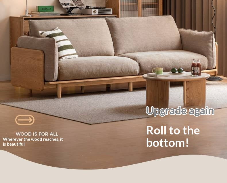 Oak, Ash Solid Wood Sofa with Exposed Wide Arms, High-Back, Genuine leather -fabric