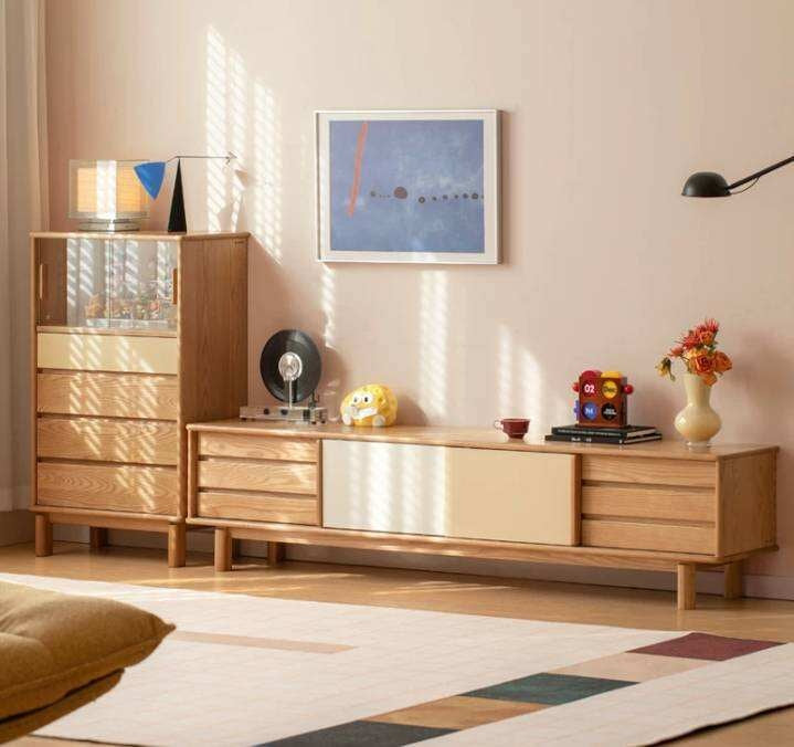 Ash Solid Wood TV Cabinet with Color Block Storage Design