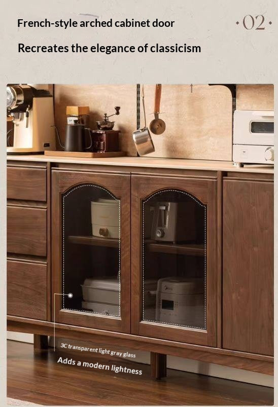 Black Walnut Solid Wood Buffet Cabinet with Retro Style and Rock Board Surface