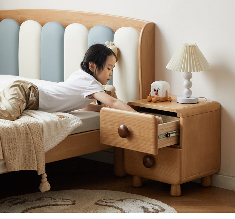 Beech Solid Wood Kids Two-Drawer Nightstand with Round Knob Pulls and Rounded Edges
