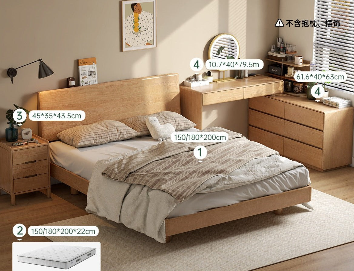 Oak solid wood bed bedroom furniture combination set.