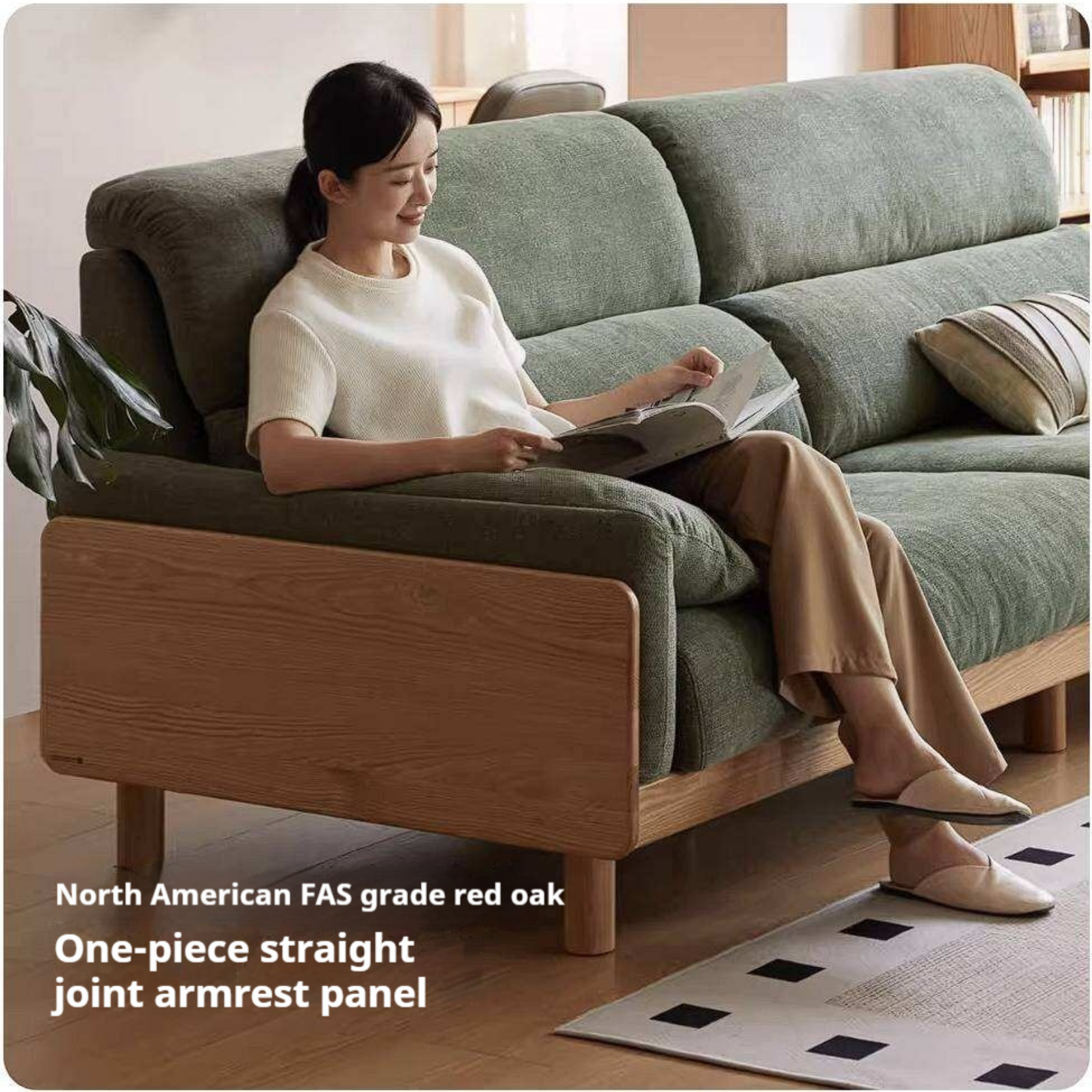 Oak, Ash Solid Wood Linen Sofa with Exposed Wood Base