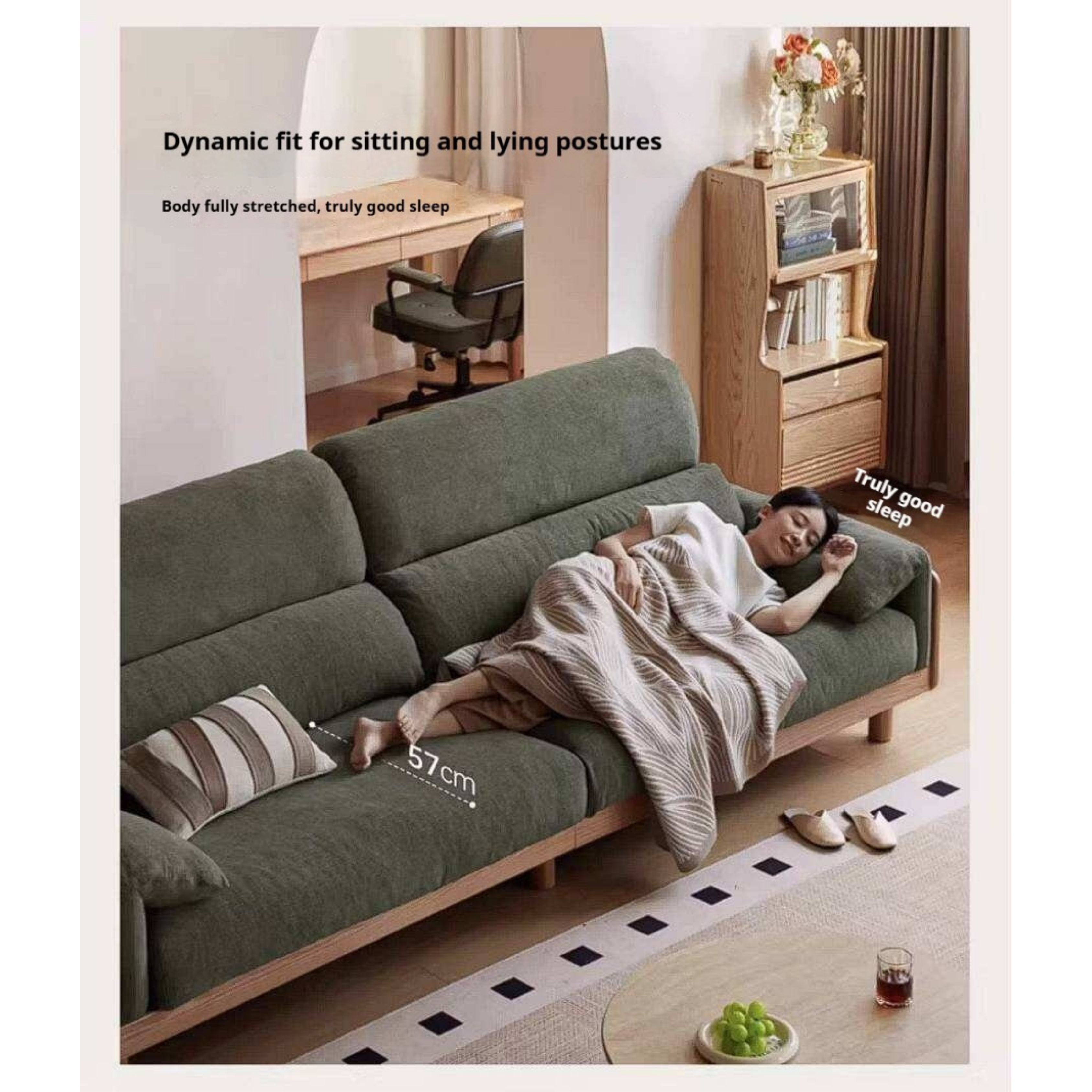 Oak, Ash Solid Wood Linen Sofa with Exposed Wood Base