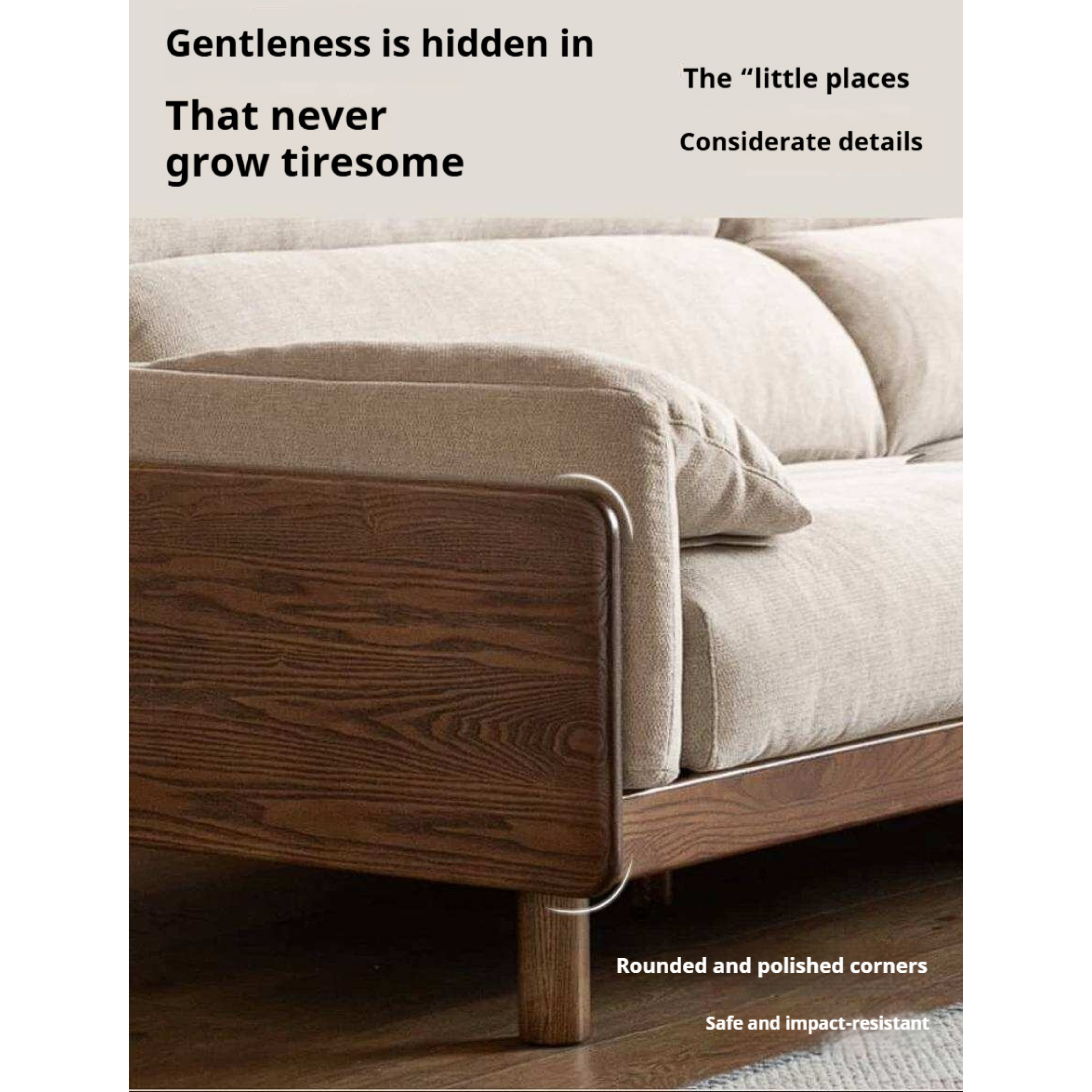 Ash Solid Wood Linen Sofa with Exposed Wood Base