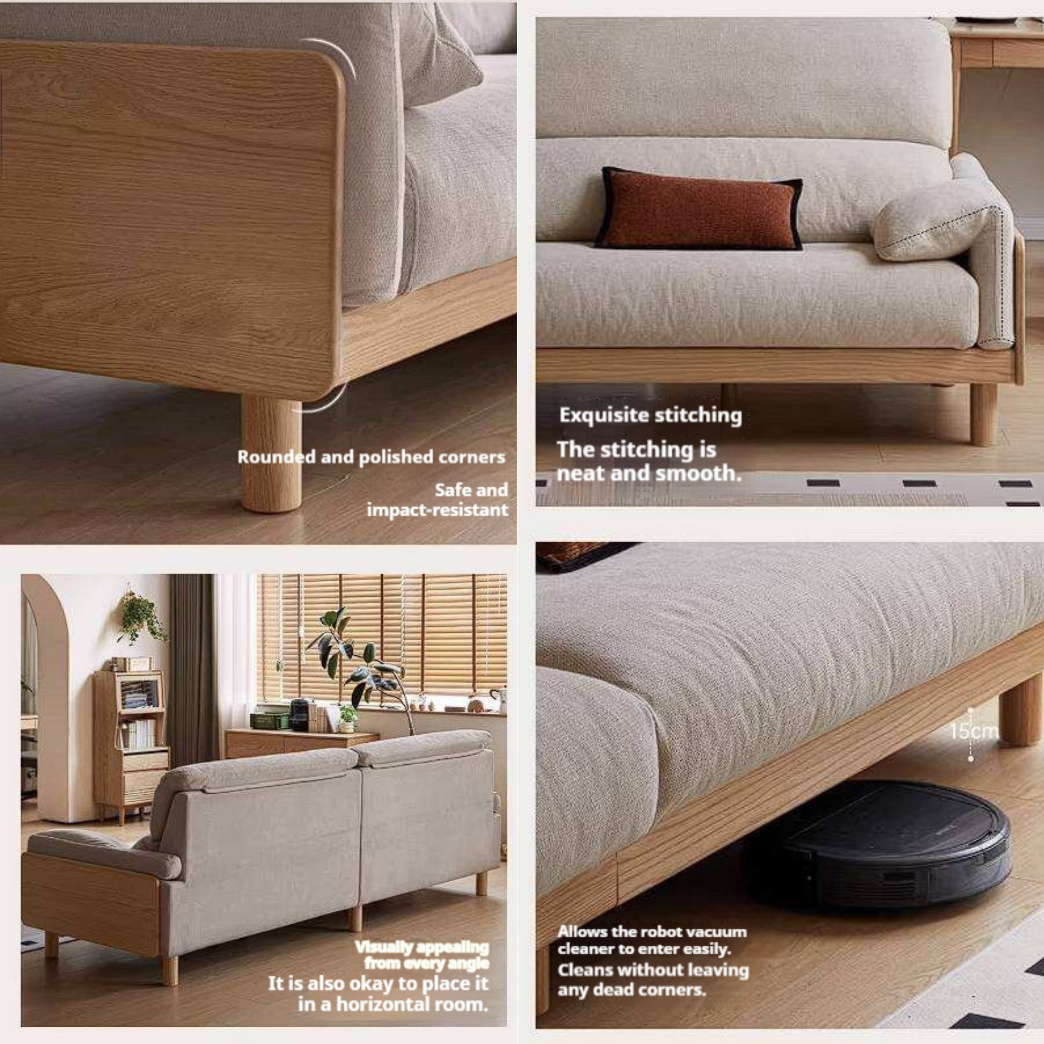 Oak, Ash Solid Wood Linen Sofa with Exposed Wood Base