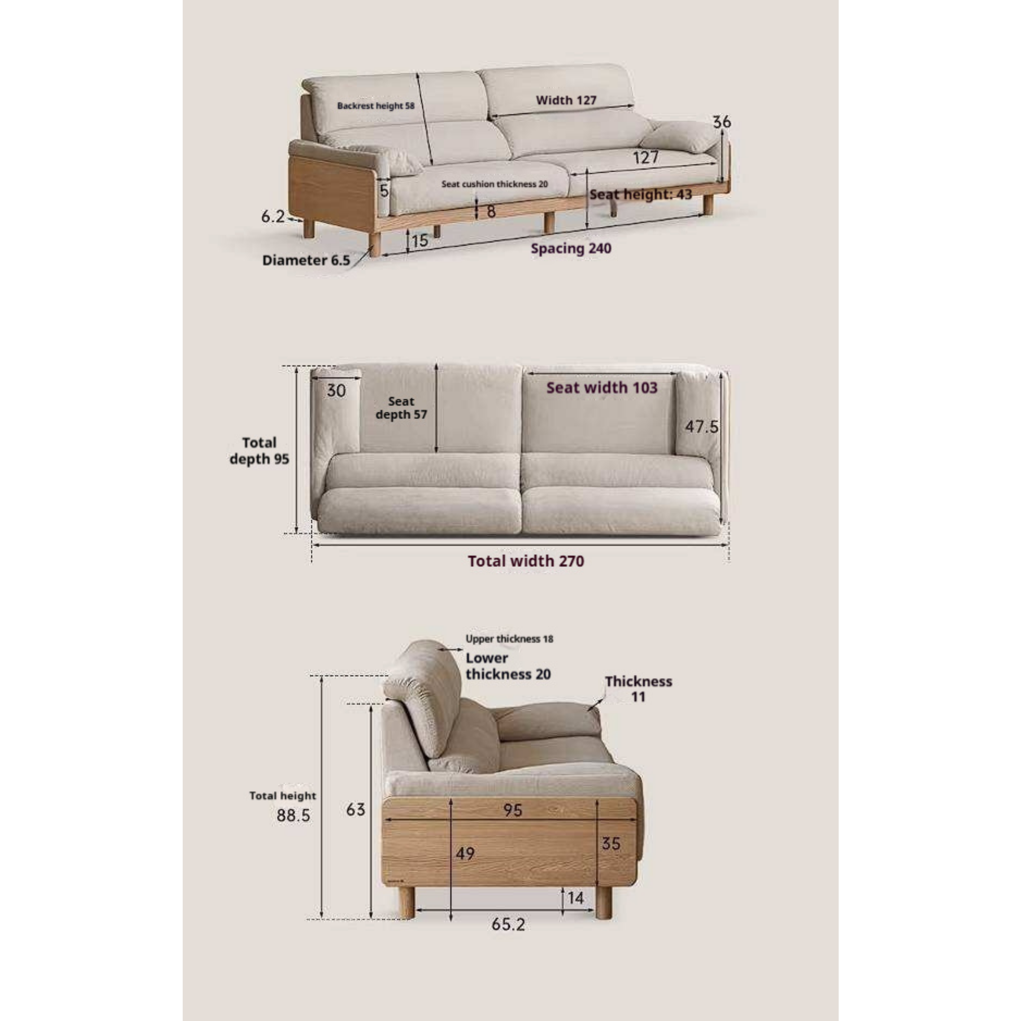 Oak, Ash Solid Wood Linen Sofa with Exposed Wood Base