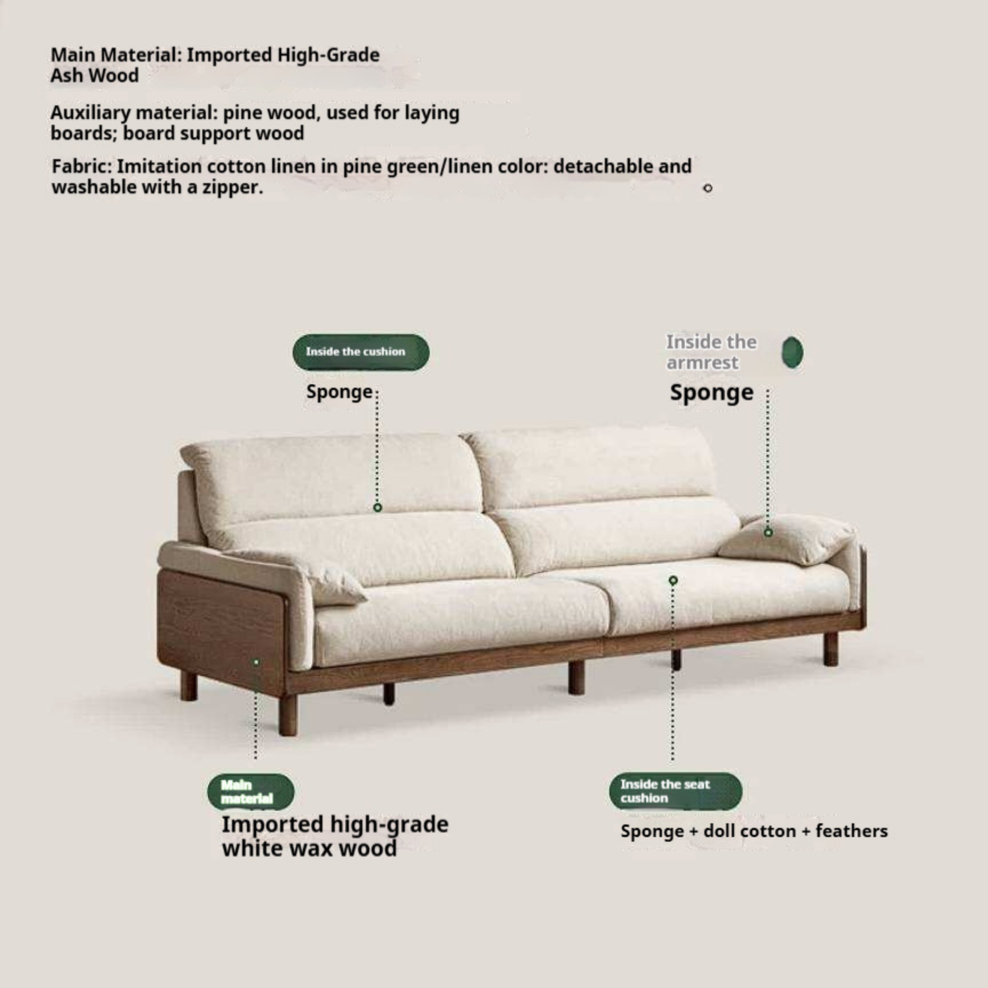 Ash Solid Wood Linen Sofa with Exposed Wood Base
