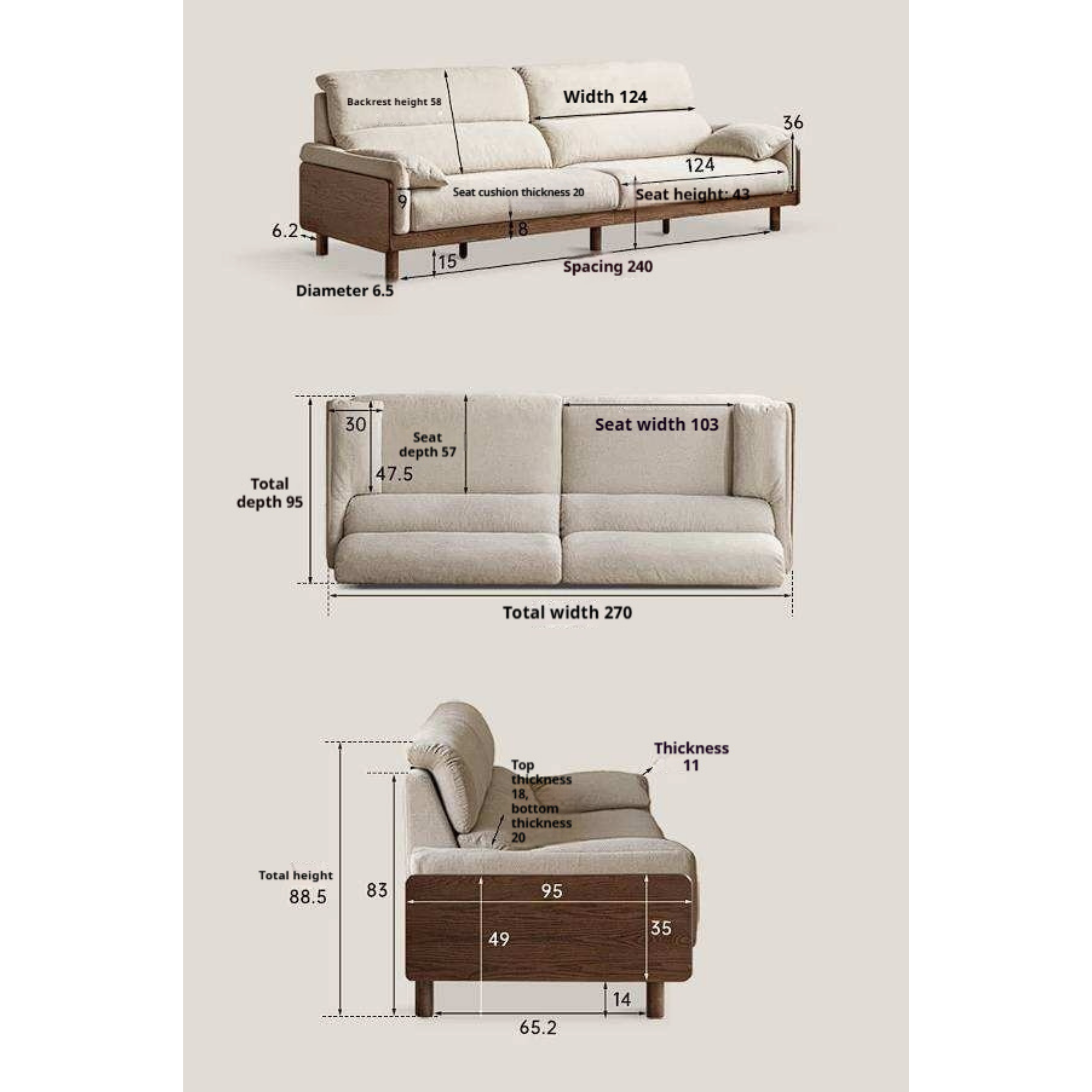 Ash Solid Wood Linen Sofa with Exposed Wood Base