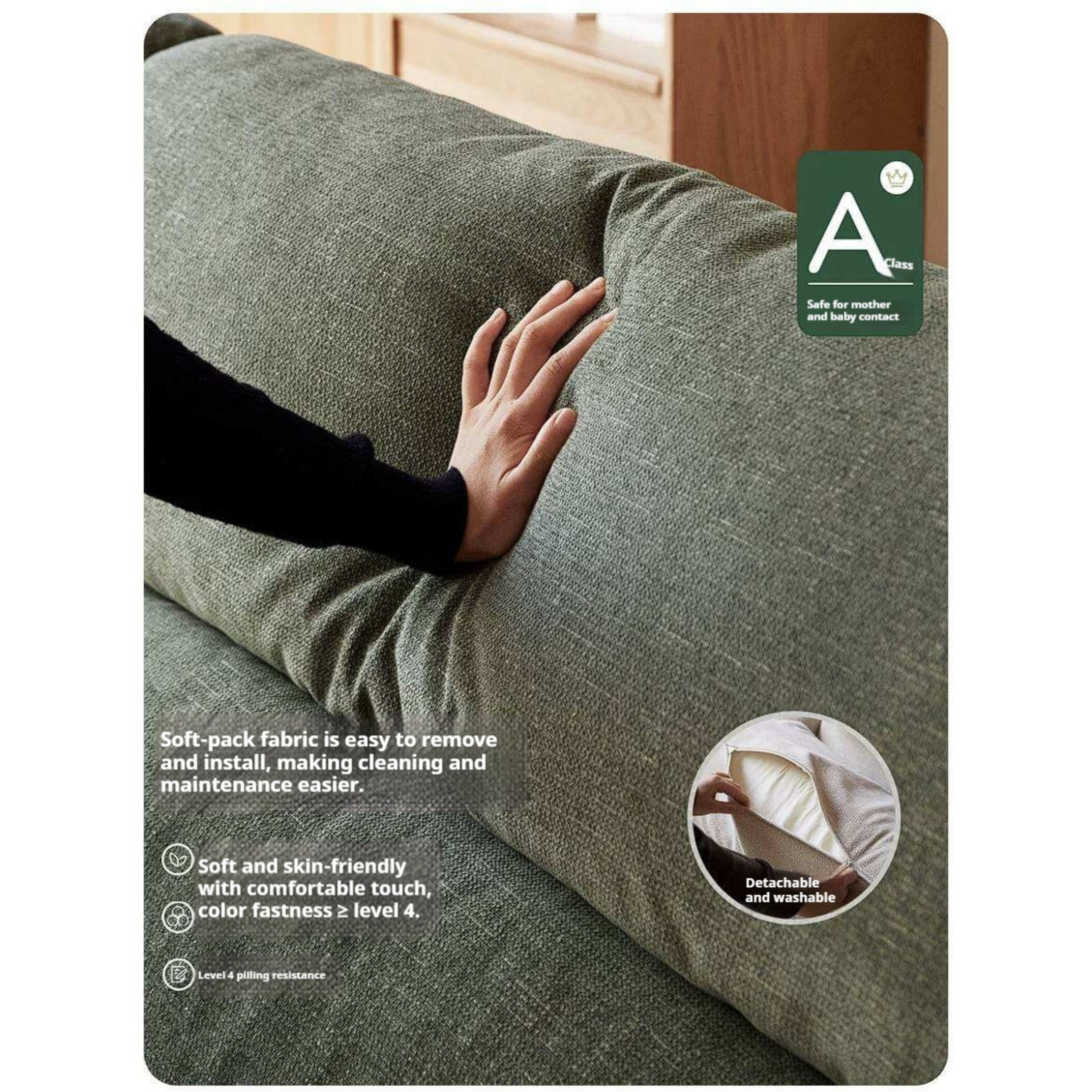 Ash Solid Wood Linen Sofa with Exposed Wood Base
