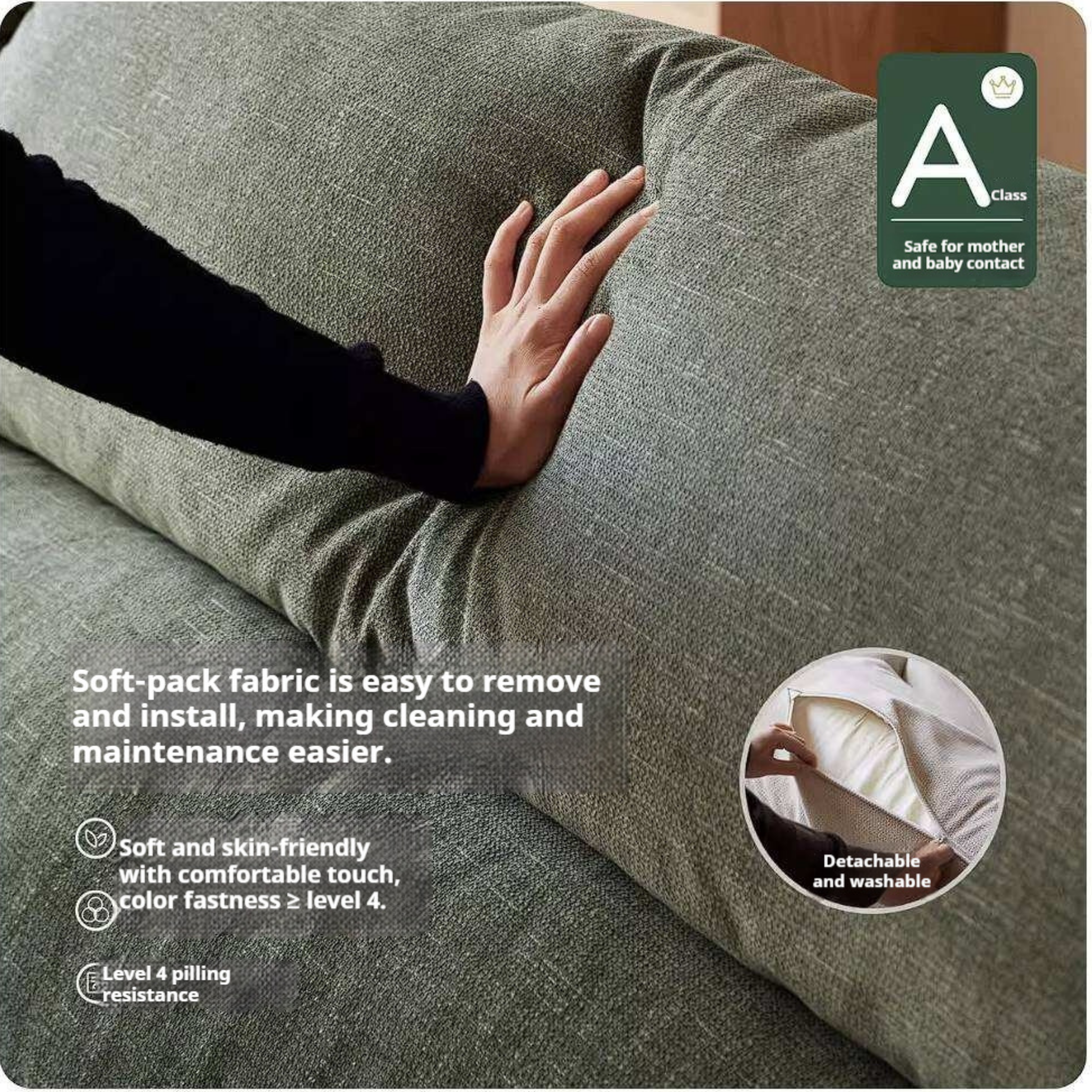 Oak, Ash Solid Wood Linen Sofa with Exposed Wood Base
