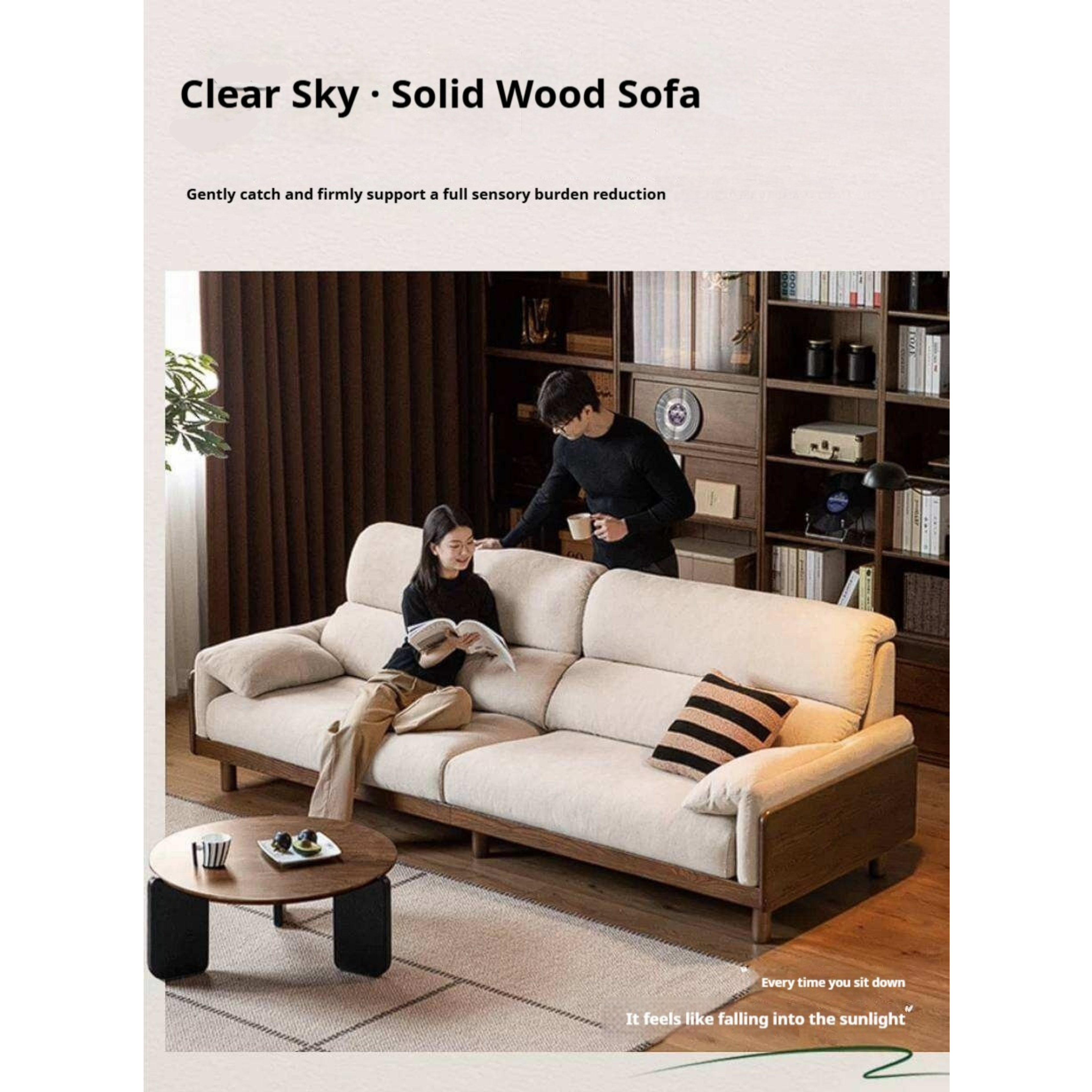 Ash Solid Wood Linen Sofa with Exposed Wood Base