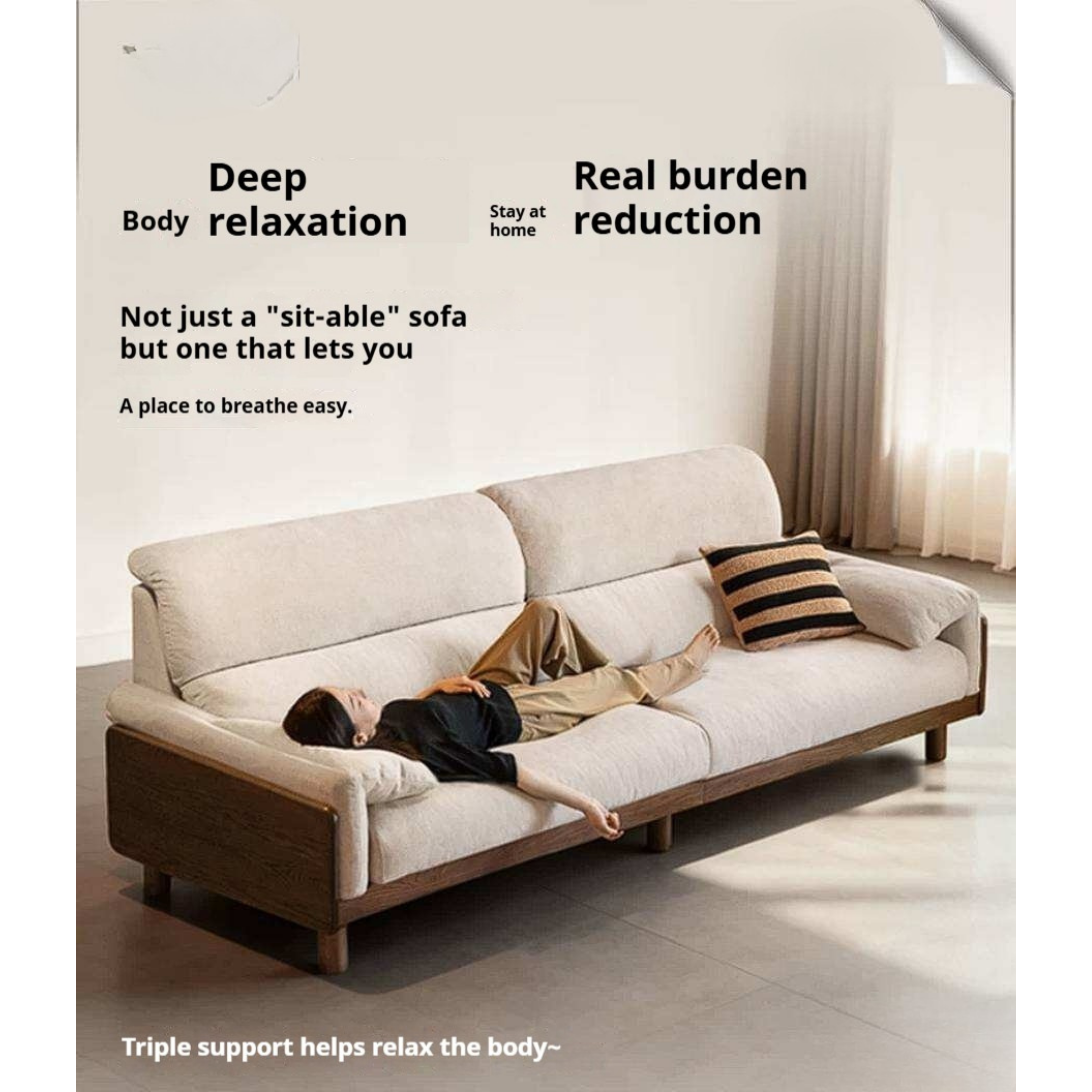 Ash Solid Wood Linen Sofa with Exposed Wood Base