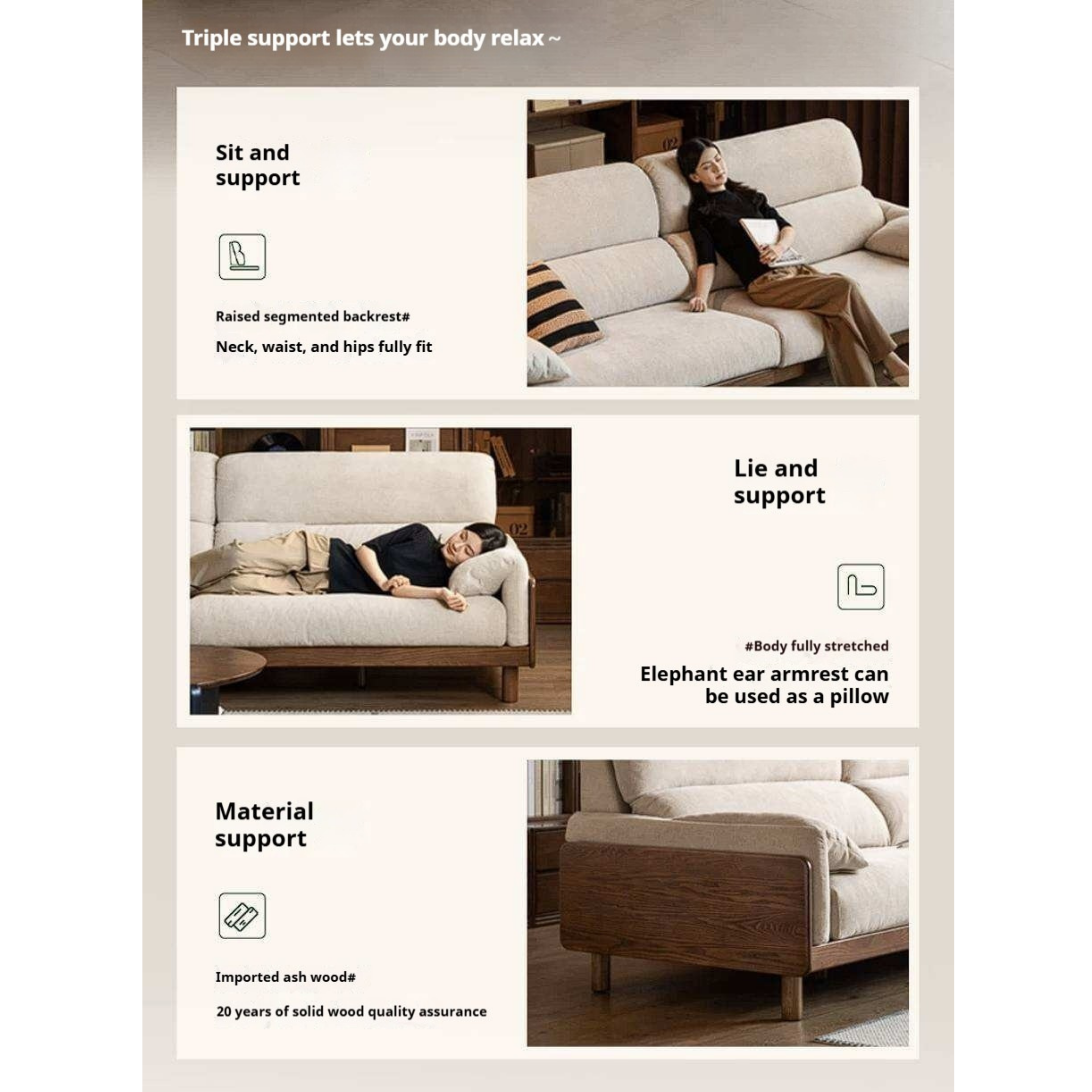 Ash Solid Wood Linen Sofa with Exposed Wood Base