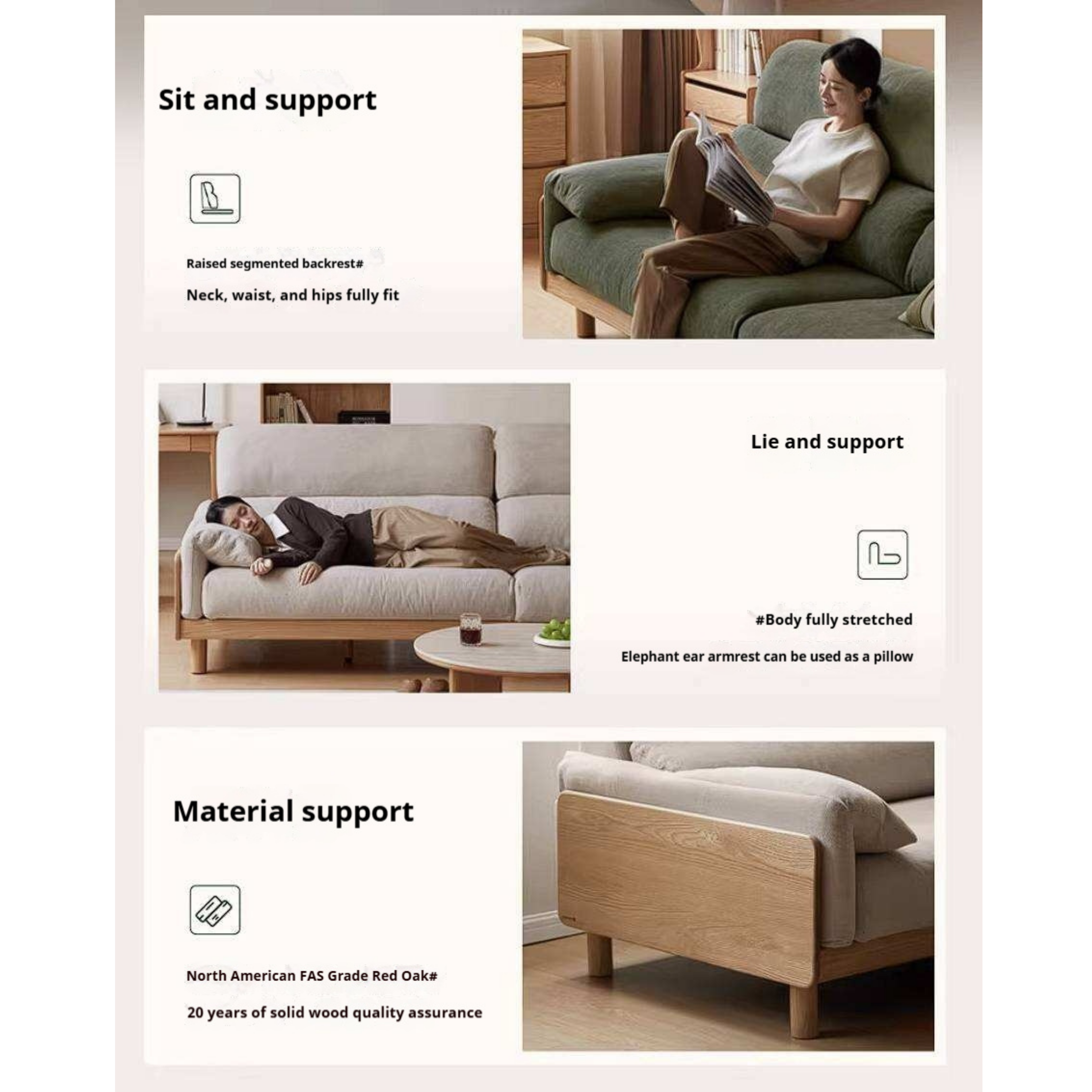 Oak, Ash Solid Wood Linen Sofa with Exposed Wood Base