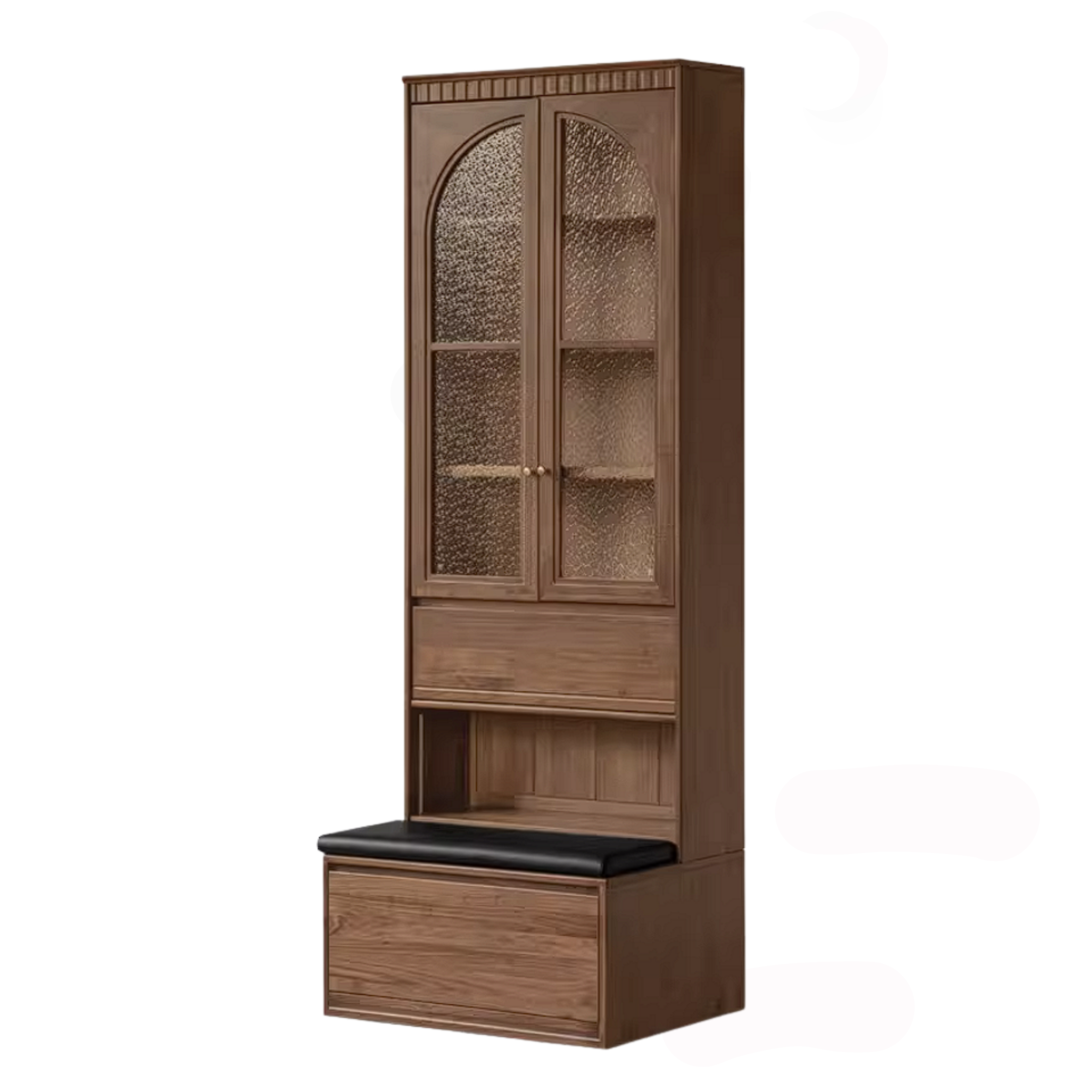 Black Walnut Solid Wood Bookcase with Booth Seating and Display Cabinet