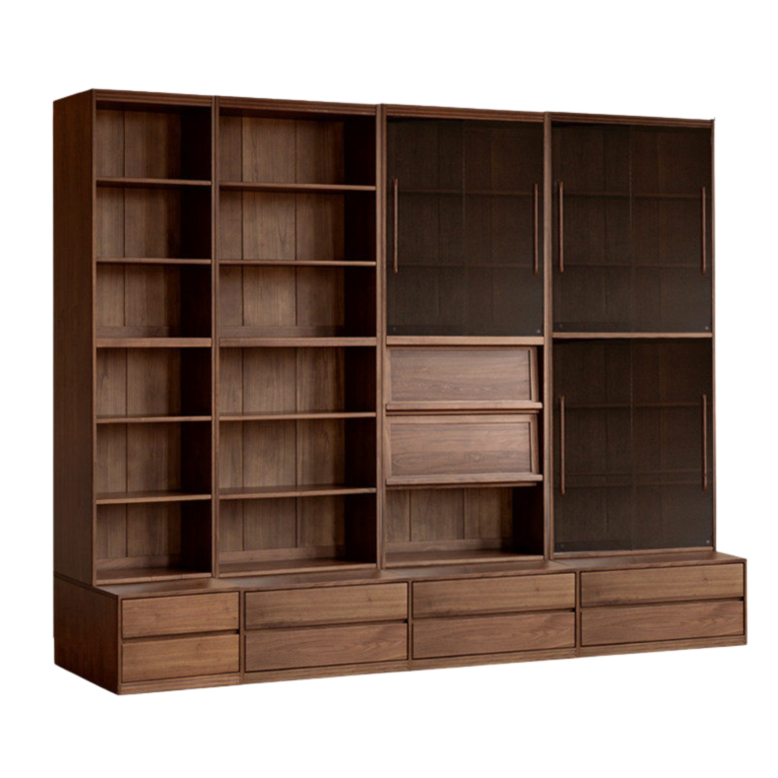 Black Walnut, Sandalwood Solid Wood Light Luxury Combined Bookshelf With Seat