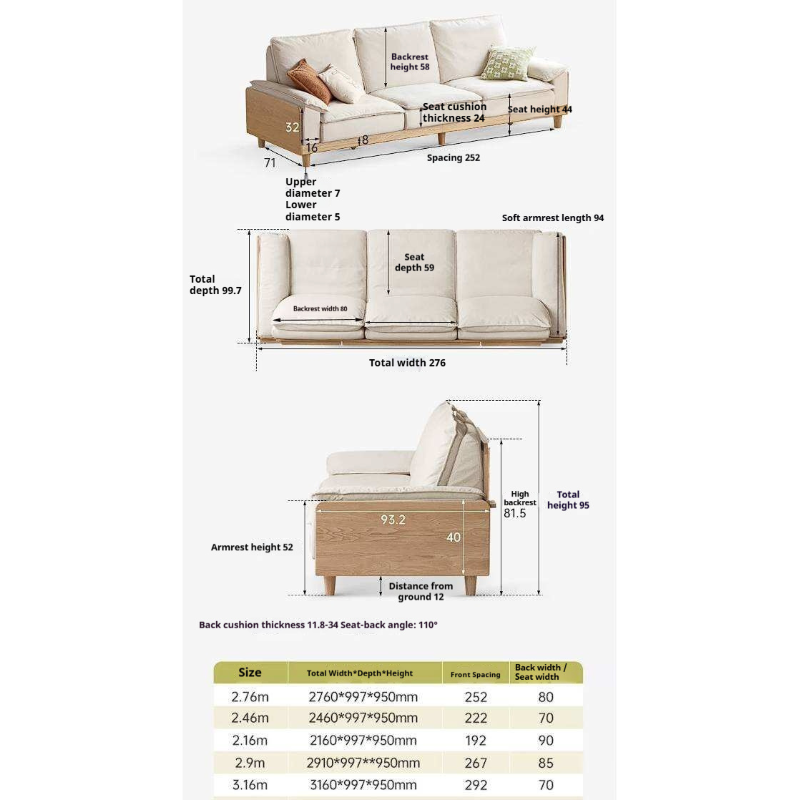 Red Oak, White Oak, Ash Solid Wood Linen Track Arm Sofa