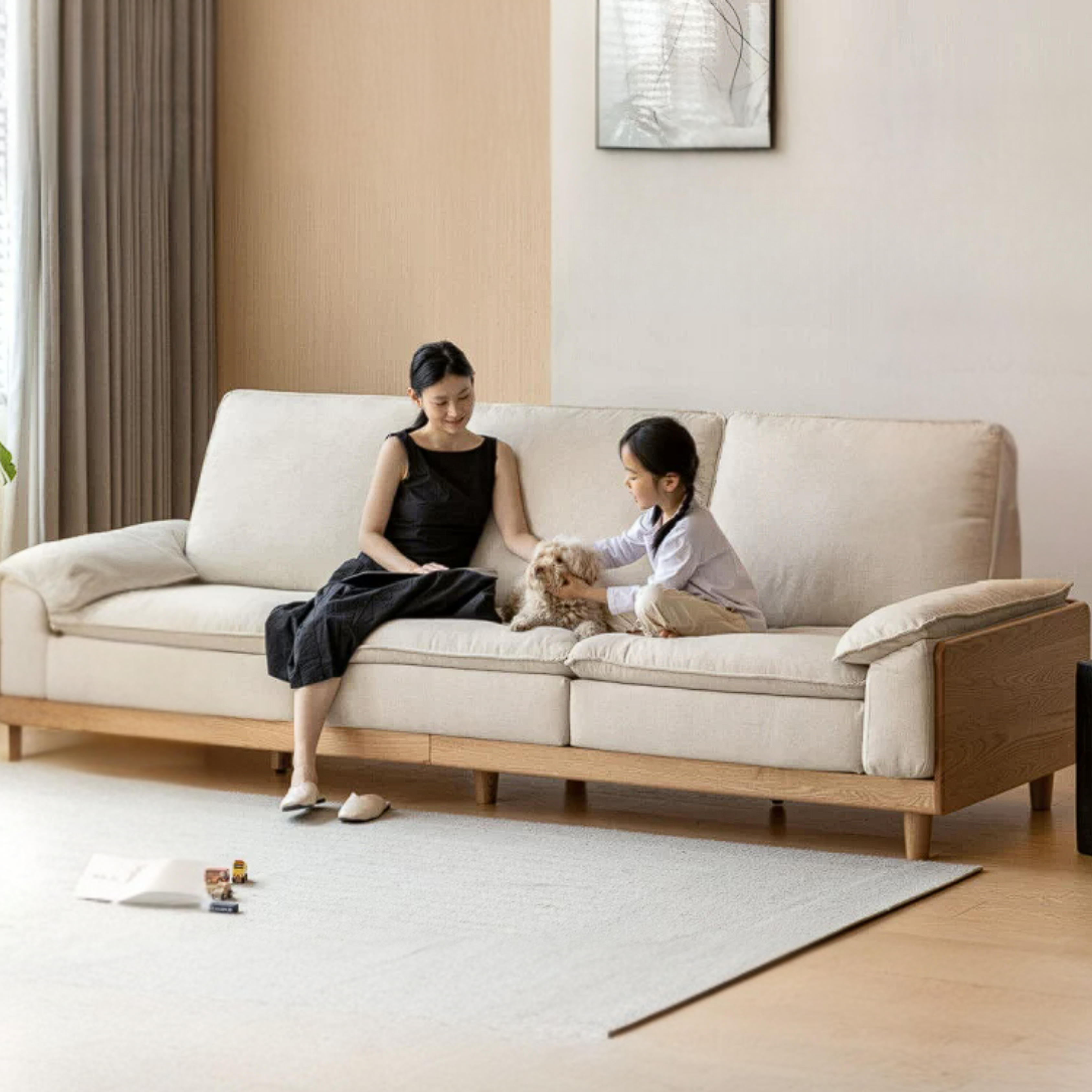 Red Oak, White Oak, Ash Solid Wood Linen Track Arm Sofa