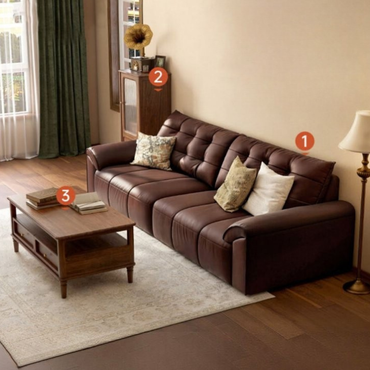 Genuine Leather Tufted Sofa and Black Walnut Living Room Set