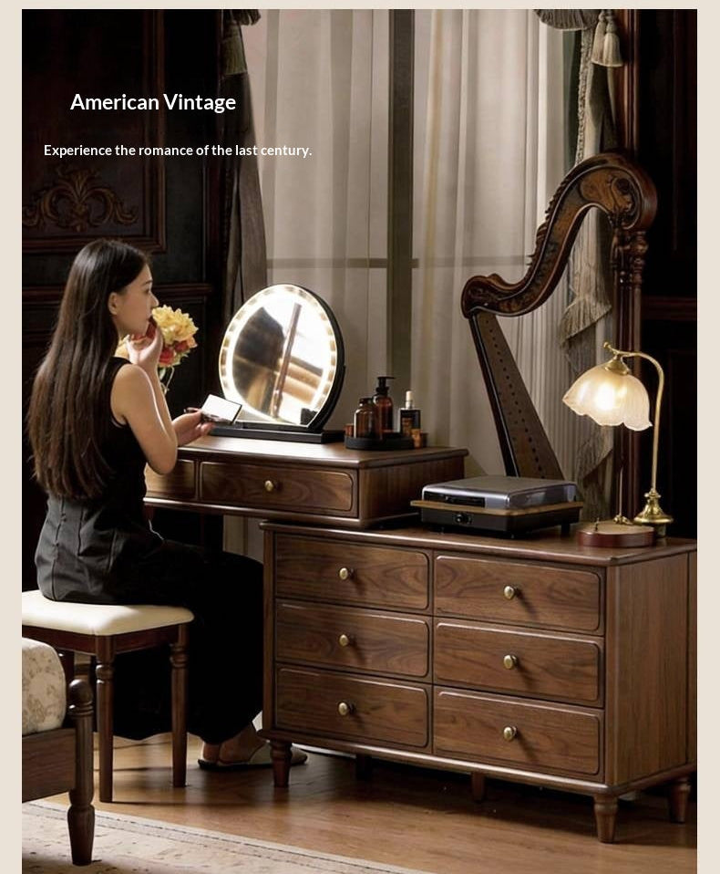 Black Walnut, Oak Solid Wood Extendable Vanity Desk and 6-Drawer Dresser Combo