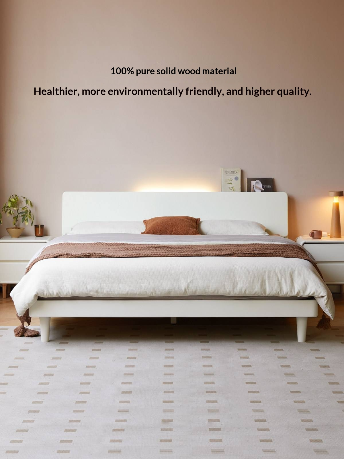 Pine Solid Wood Bed — Modern Minimalist Style with Creamy Design and Night Light
