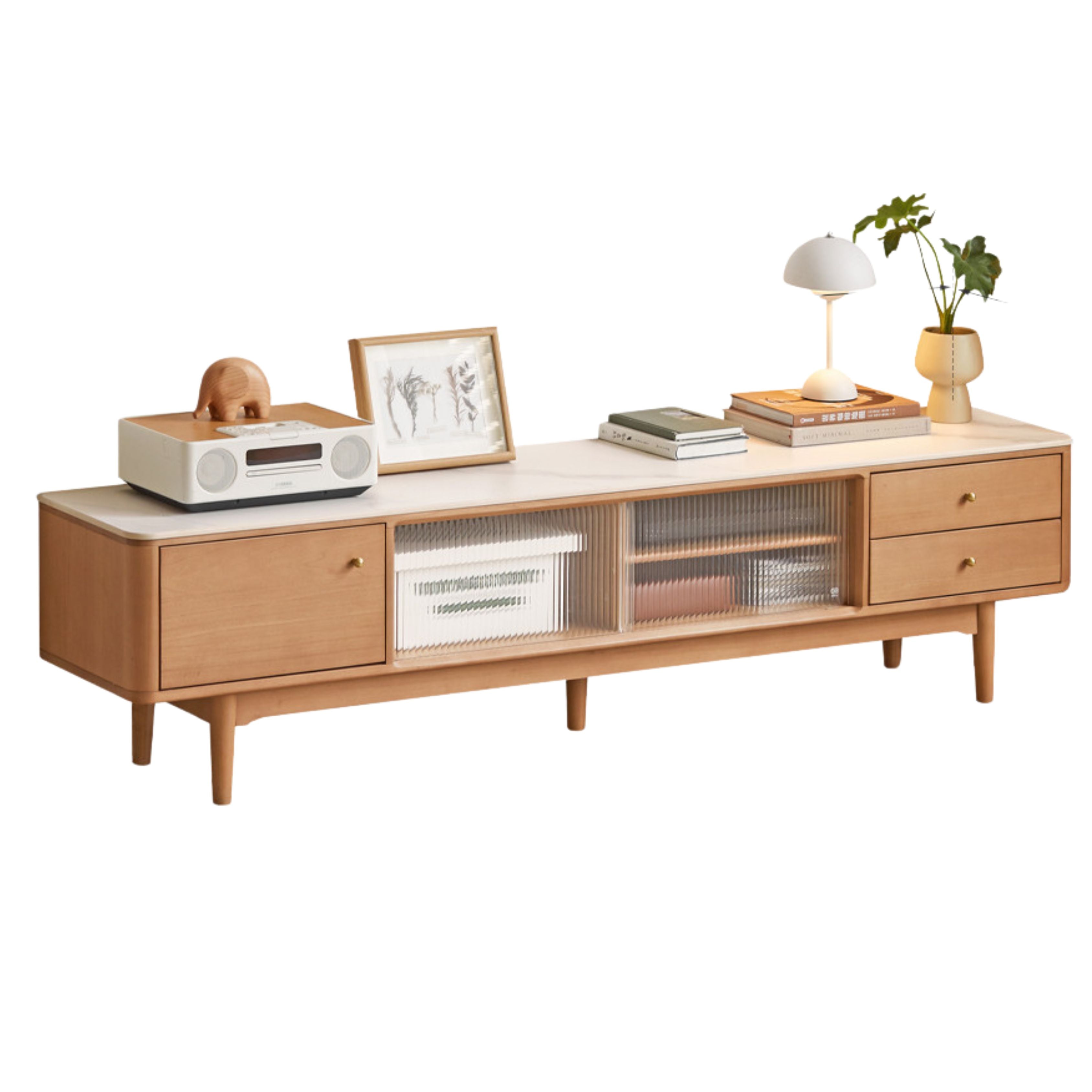 Oak Solid Wood Sliding Door TV Stand With Rock Slab Surface