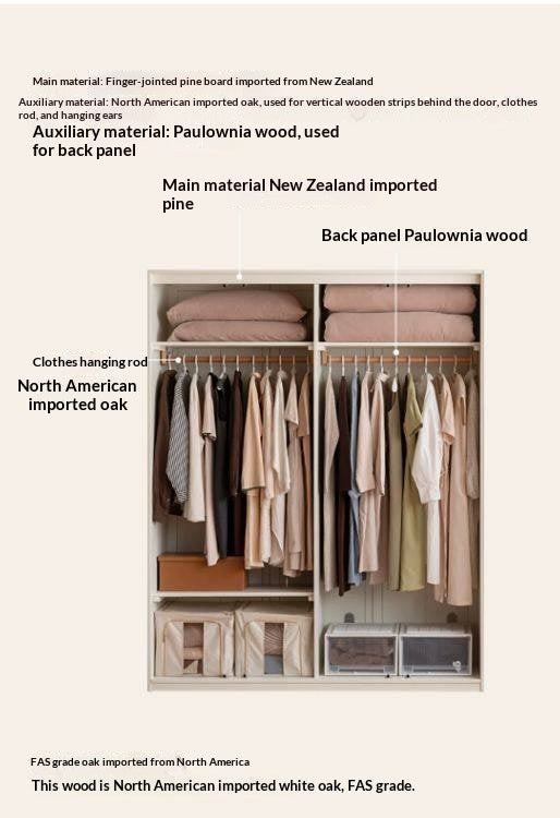 Pine Solid Wood Wardrobe with French Cream Finish and Double Doors
