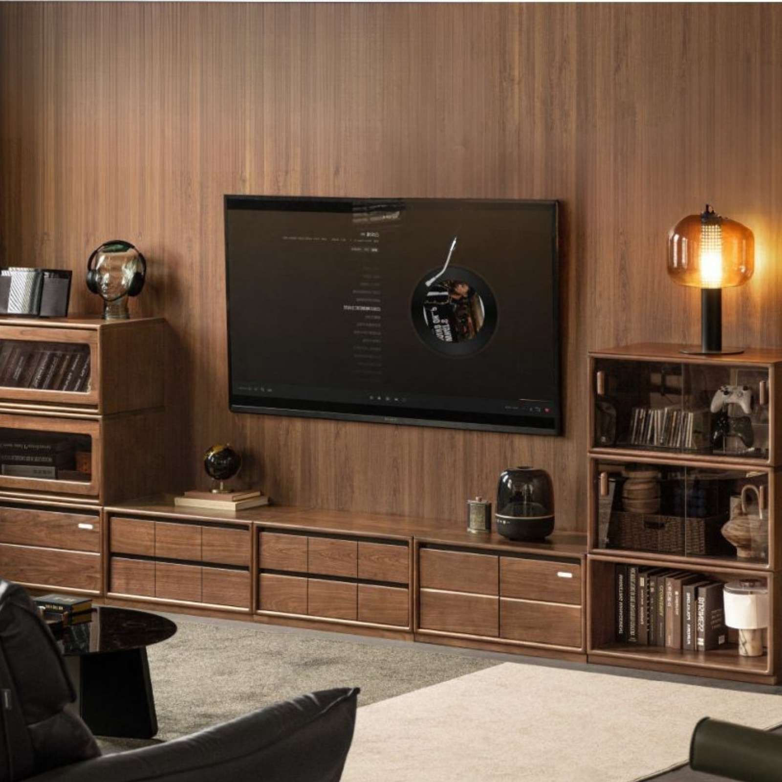 Black Walnut Solid Wood TV Cabinet with Modular Combination and Light Luxury Style
