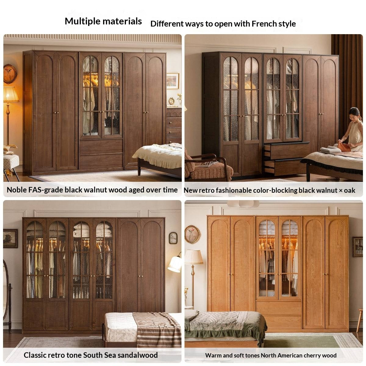 Black Walnut Solid Wood Wardrobe with French Retro Style and Double Doors