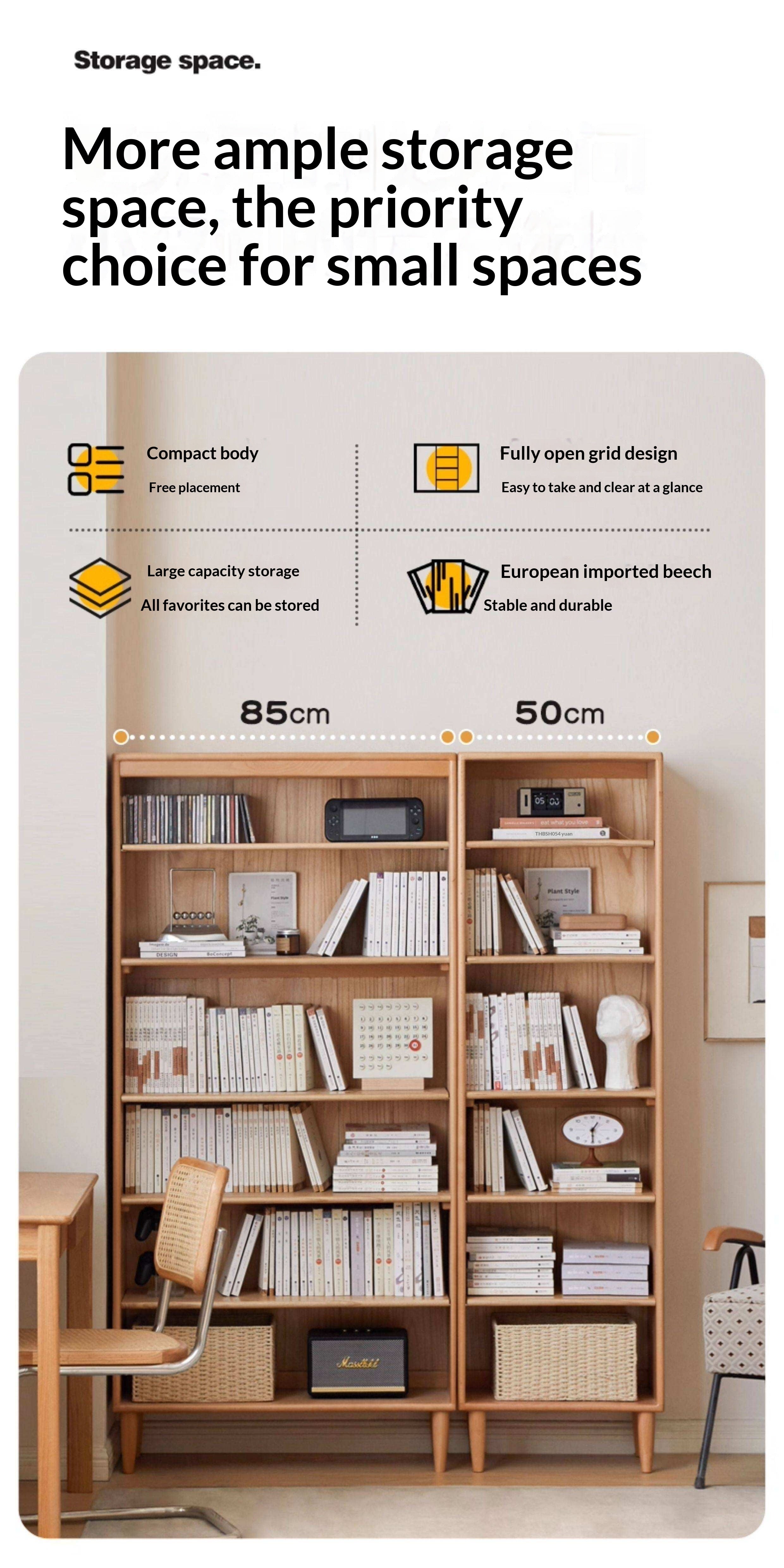 Beech Solid Wood Bookshelf Combination, Open Storage Cabinet