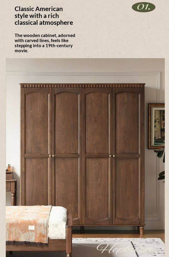 Black Walnut Solid Wood Wardrobe with American Retro Style and Light Luxury Finish