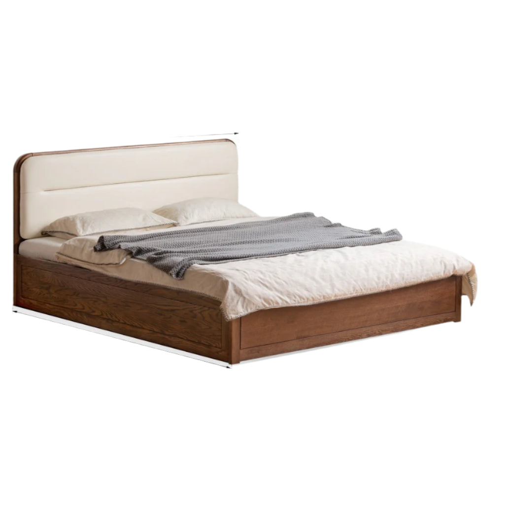 Oak Solid Wood Modern Genuine Leather, Organic Leather Storage Bed