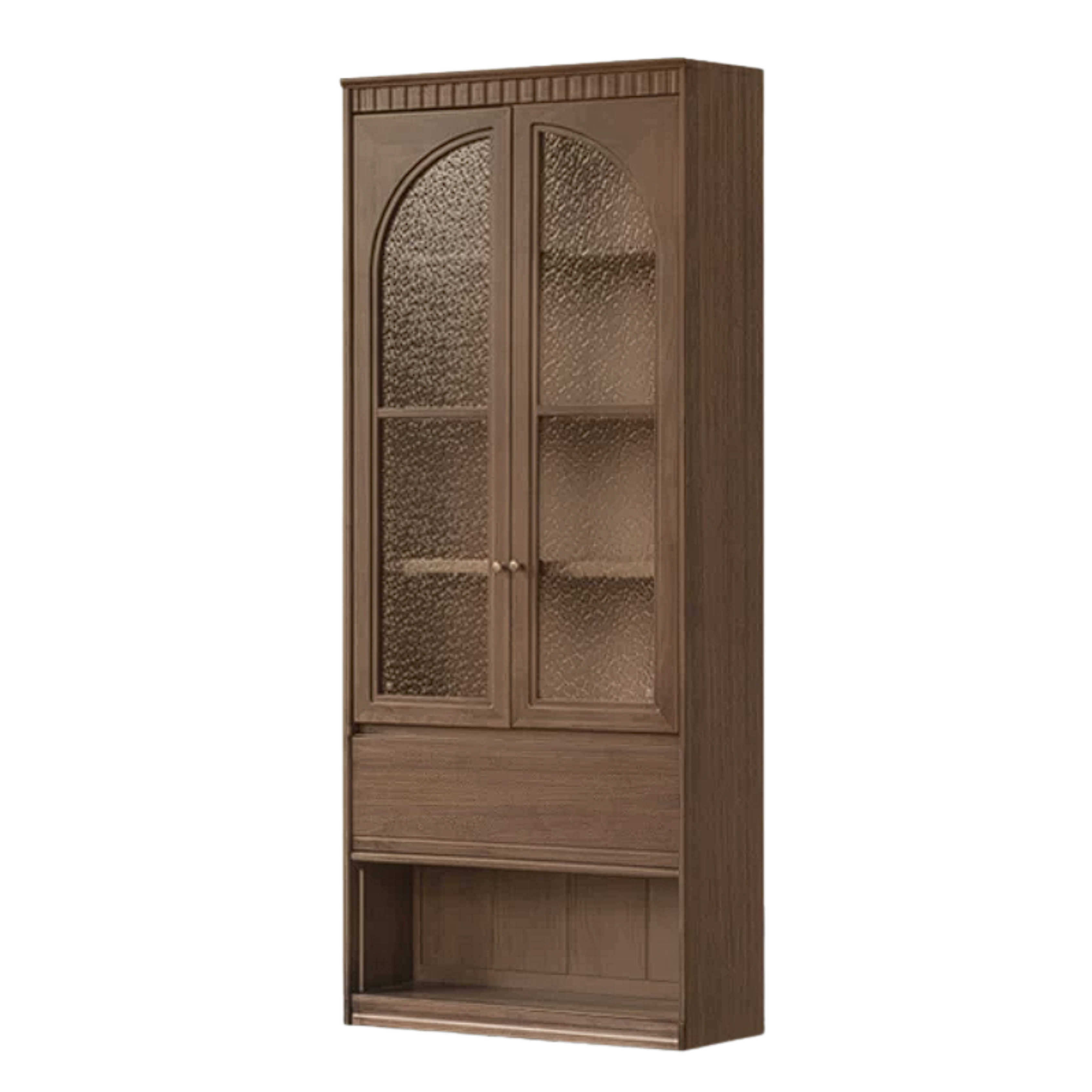 Black Walnut, Sandalwood Solid Wood Library Wall Unit with Arched Glass Doors