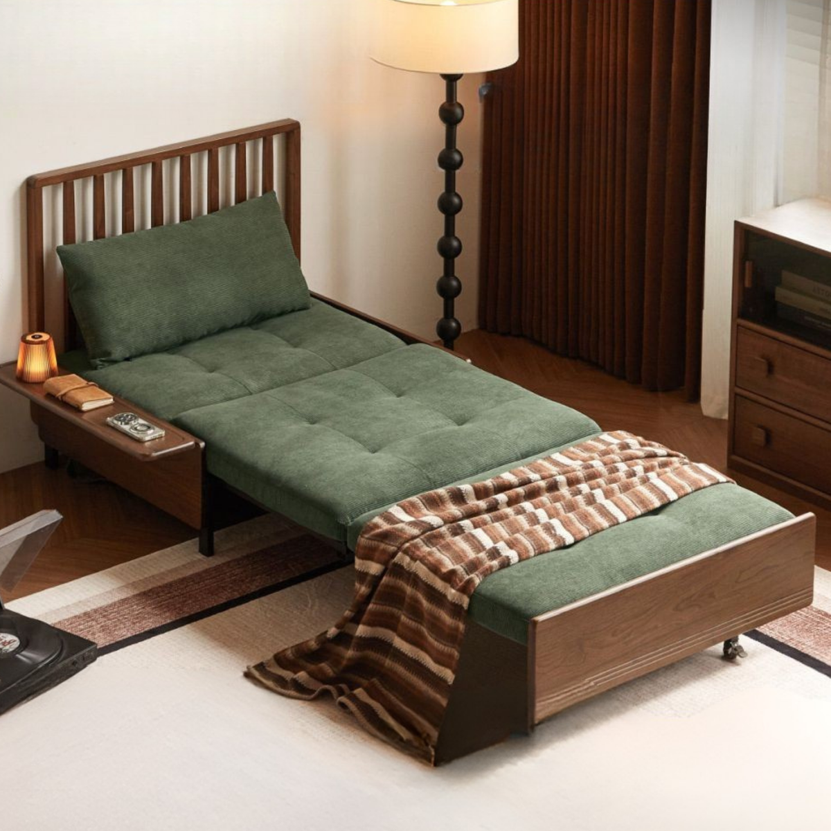 Black Walnut, Oak Solid Wood Sleeper Chair-sofa Bed with Attached Fold-Out Side Tray
