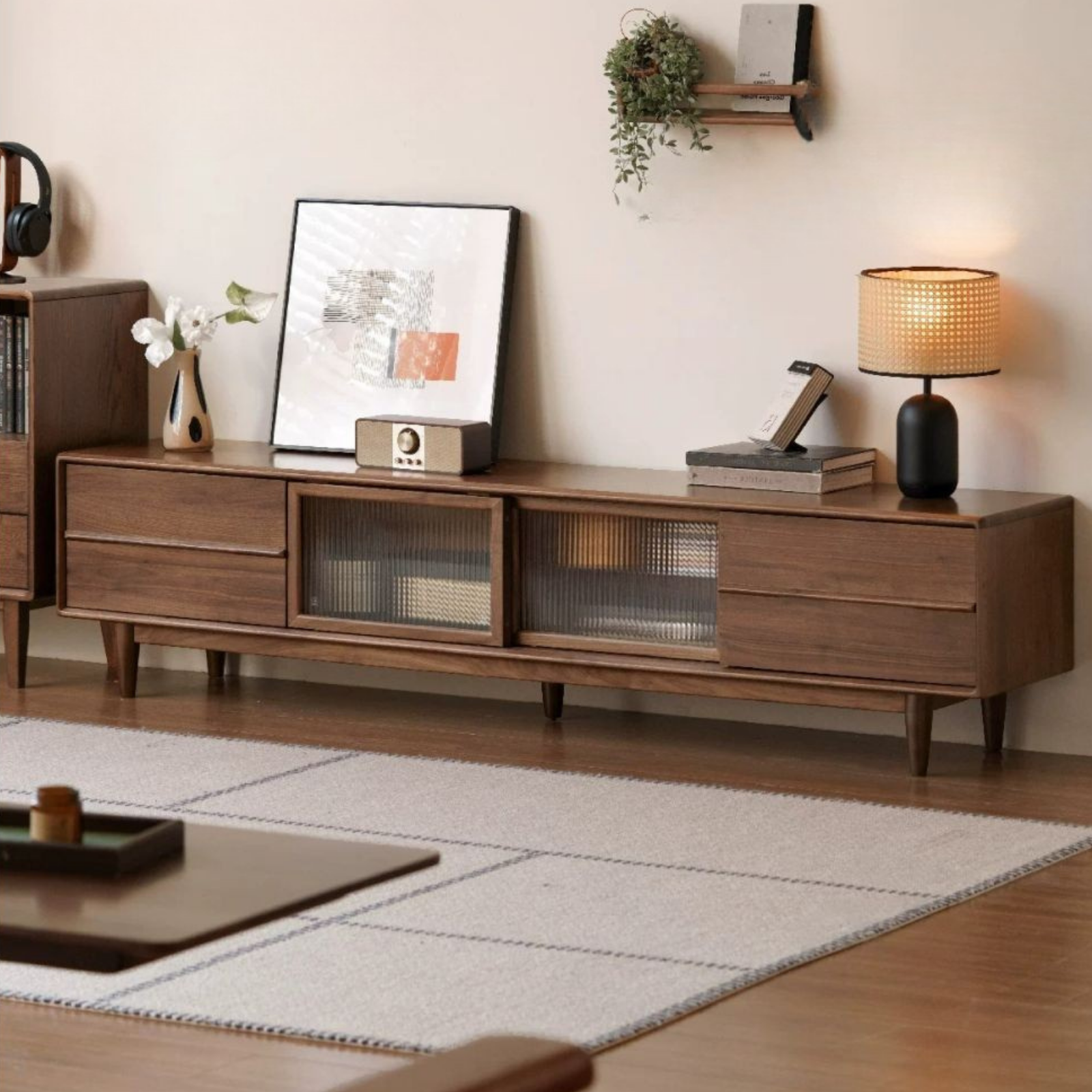 Black Walnut, Ash Solid Wood, Solid Longan Hardwood TV Cabinet with Sliding Door Storage