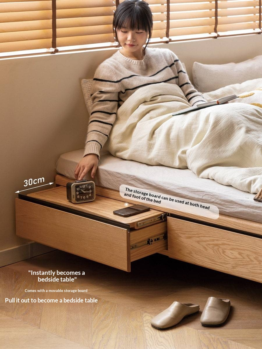 Oak Solid Wood Platform Bed — Headboard-Free, Drawer Storage, Simple Pull-Out Design