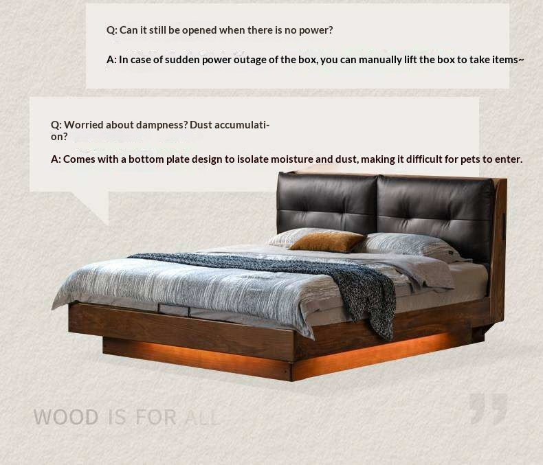 Black Walnut Solid Wood Genuine Leather Lift-Up Storage Bed with Tufted Headboard and LED Floating Base