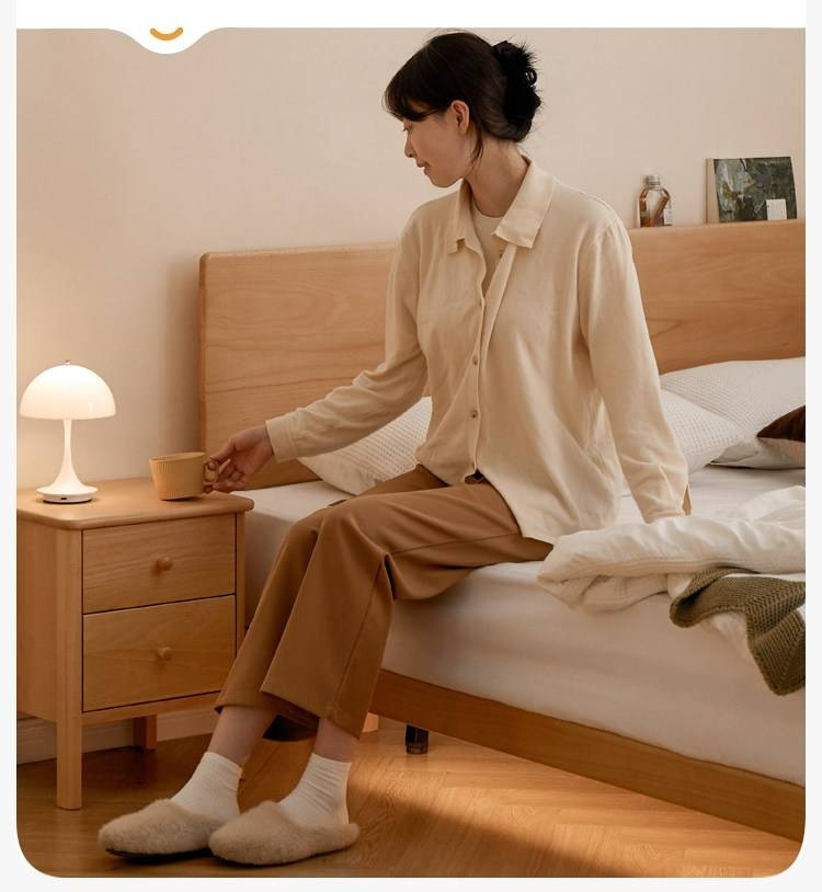 European Beech Solid Wood Bed — Nordic Minimalist Style