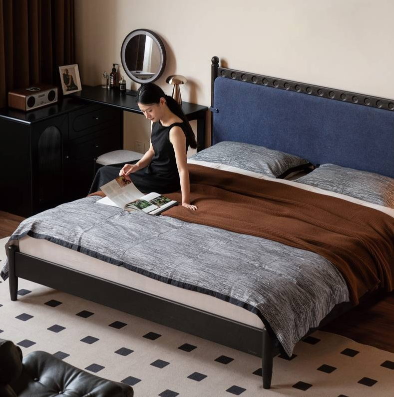 Ash Solid Wood Bed – Bauhaus Style with Soft Leather Upholstery