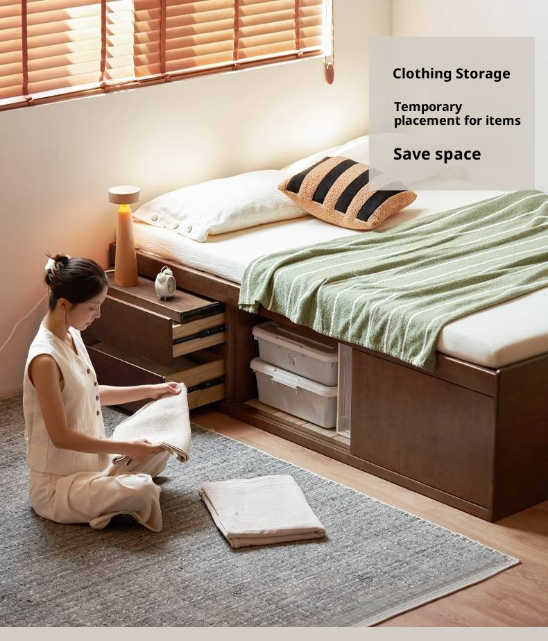 Rubberwood Solid Wood Modern Simple Box Platform Bed, Headboard-Free Bed