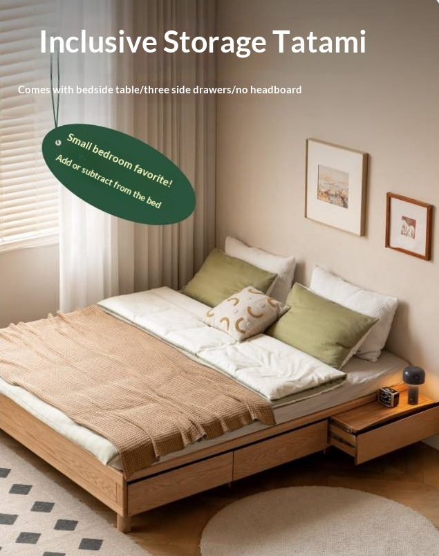 Oak Solid Wood Platform Bed — Headboard-Free, Drawer Storage, Simple Pull-Out Design