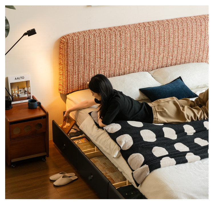 Terracotta Corduroy Storage Bed with Adjustable Headboard and Black Faux Leather Base