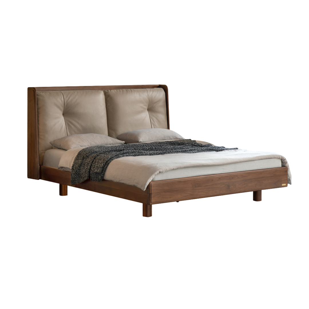 Black Walnut Solid Wood Italian Light Luxury Genuine Leather Soft Bed