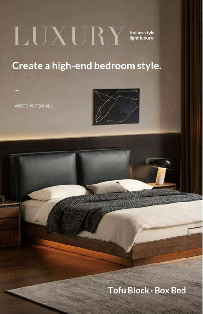 Black Walnut Solid Wood Box Bed — Italian Light Luxury, Genuine Leather Upholstered Headboard