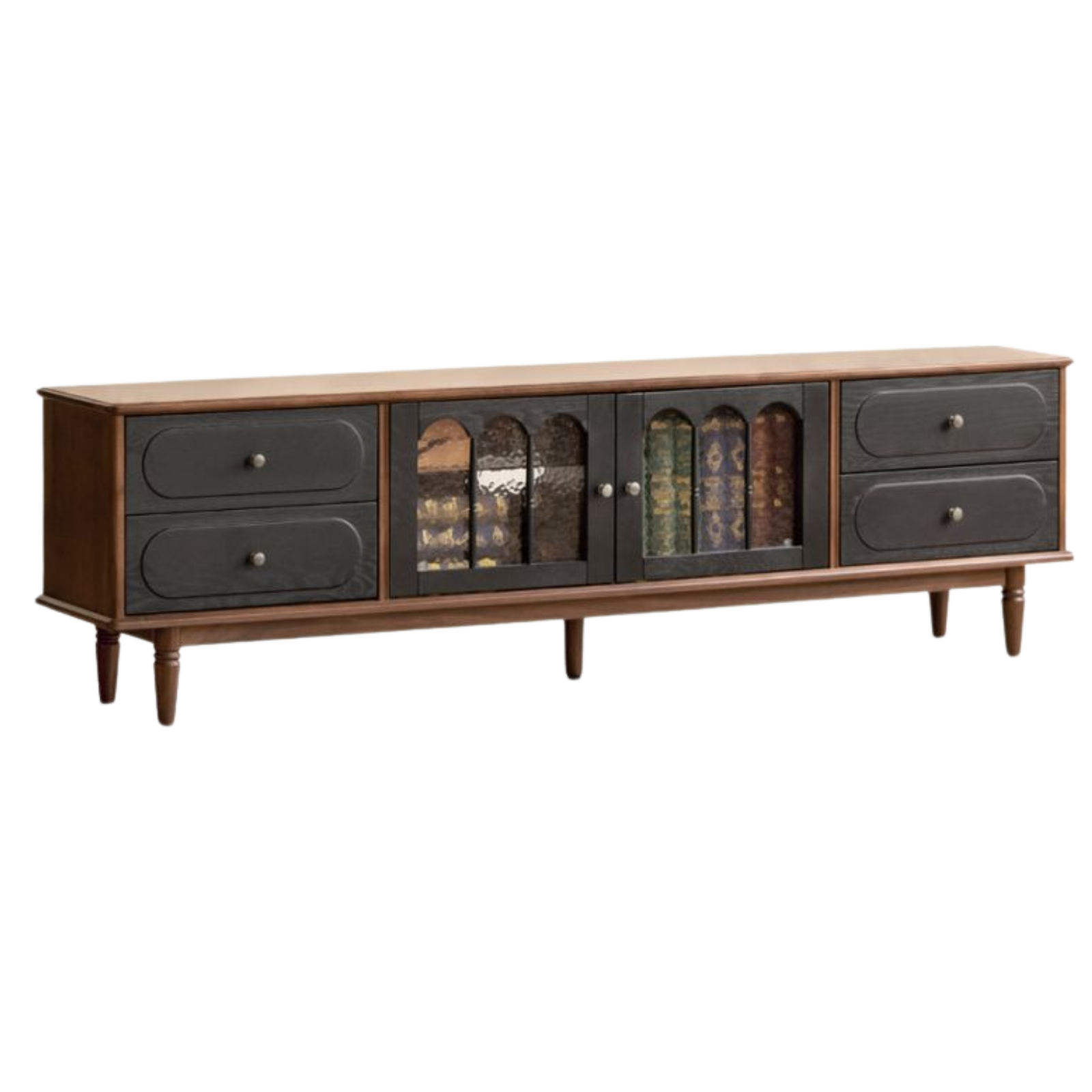 Black Walnut +ash Solid Wood  French Country TV Console with Arched Glass Doors