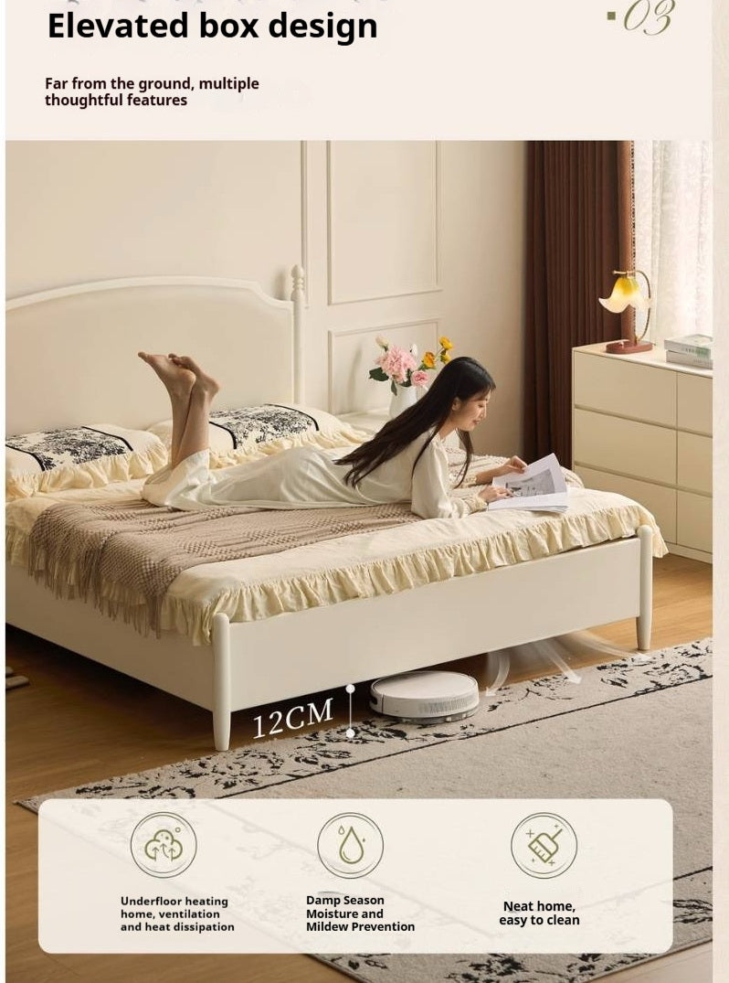 Rubberwood Solid Wood French Cream Storage Bed with Upholstered Headboard