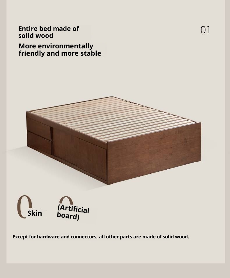 Rubberwood Solid Wood Modern Simple Box Platform Bed, Headboard-Free Bed